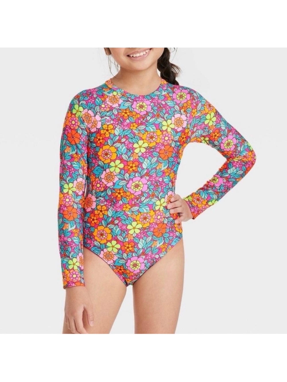Cat & Jack Girls' Long-Sleeve Floral Rashguard - Pink, Orange, Yellow, Blue